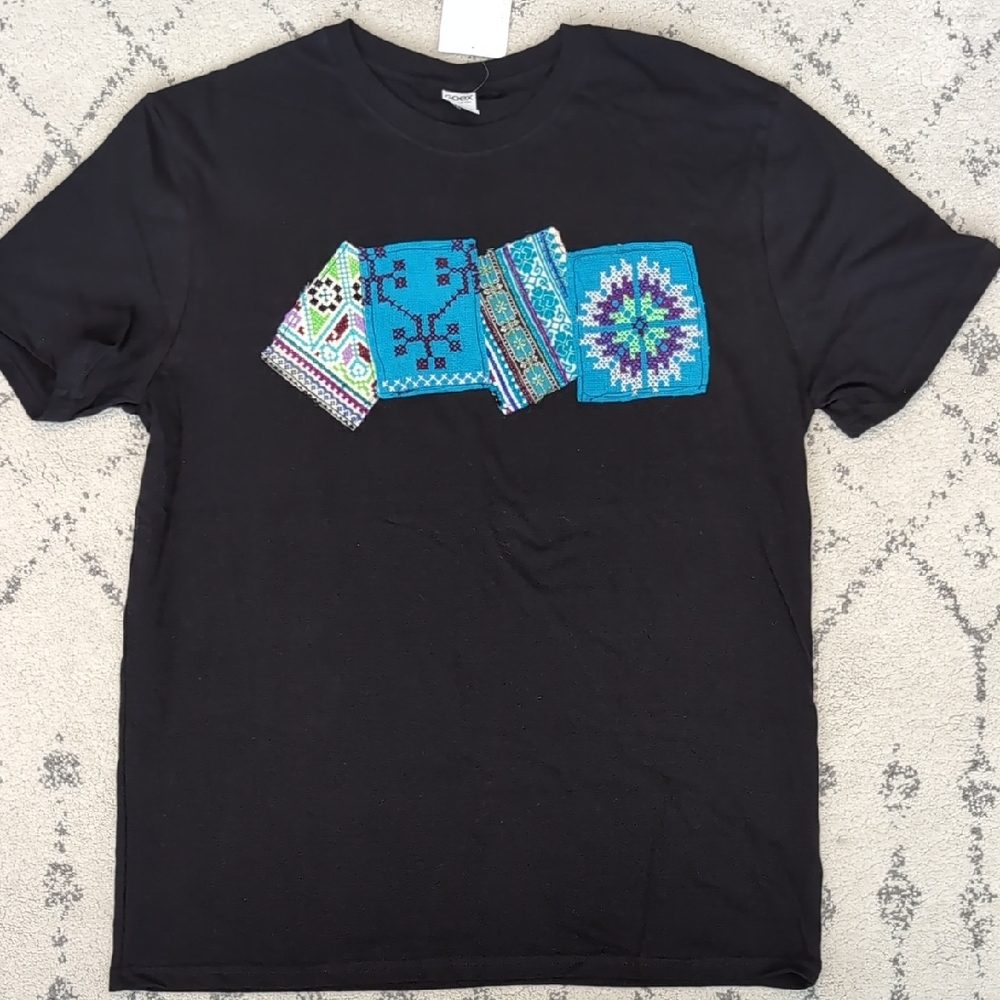Custom Black Tee w Huipil Embroidery Patches